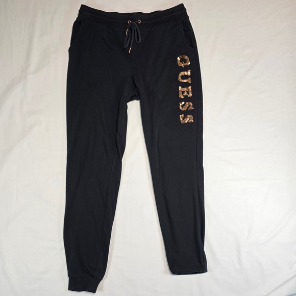 Guess Pants - Guess Los Angeles Womens Black Sequin Logo Jogger Sweatpants R1BQ29KAECO Medium